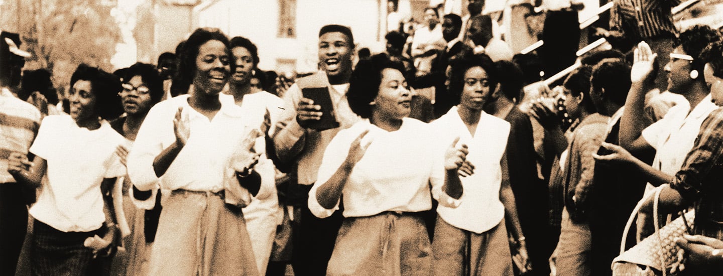 Black & white photo of people protesting in Birmingham, Alabama