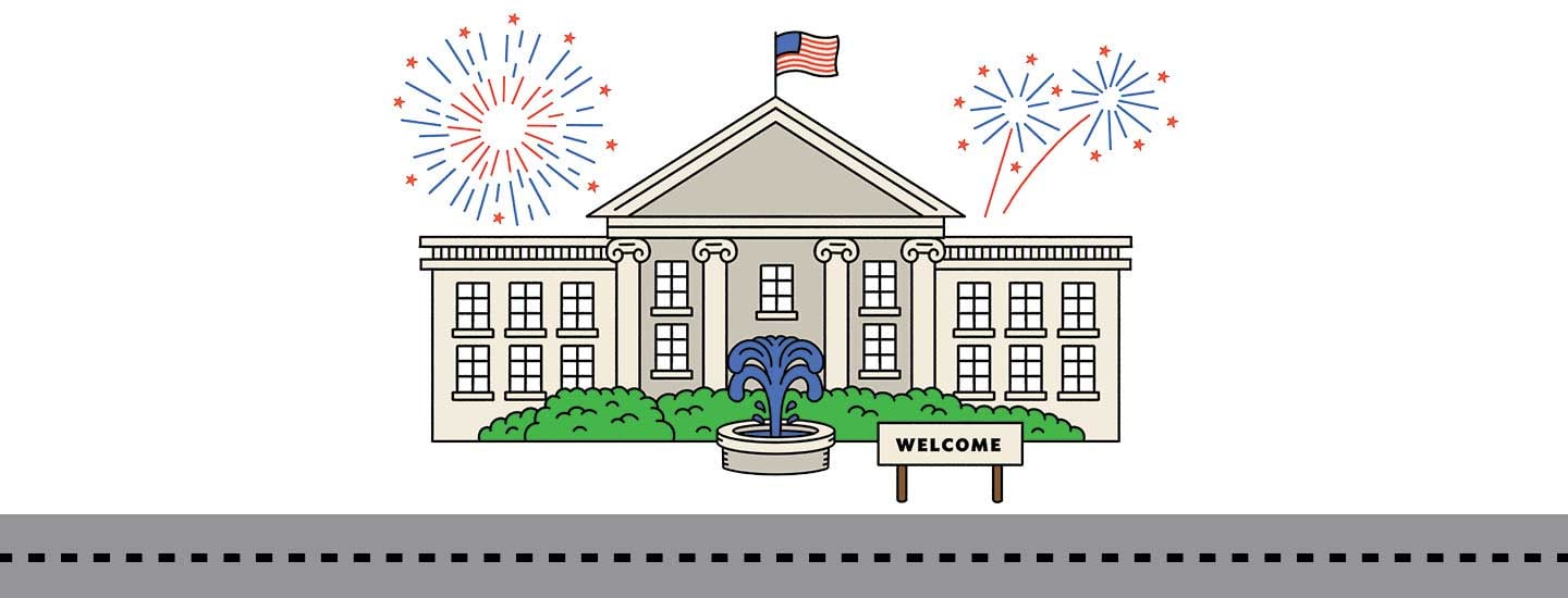 Illustration of the White House with fireworks in background