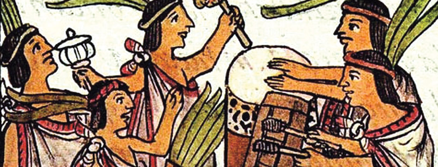 Illustration of a group of Aztecs playing a variety of instruments